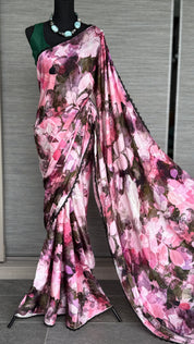 Designer Satin Maslin Silk - Green Pink Shaded Flower