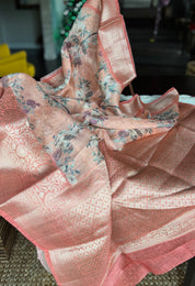Pure Silk Linen Banarasi - Peach Floral Digital Print