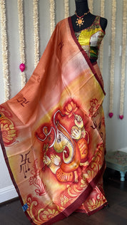 Hand Painted Tussar Silk - Rust Ganesha