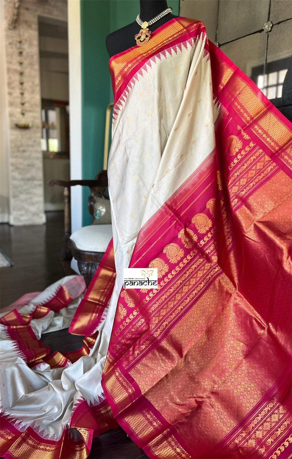 Pure Silk Gadwal - Grey Beige Raspberry Pink