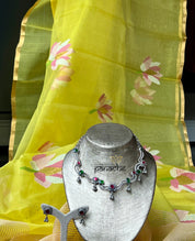 Silver 925 Necklace Earring Set - Pink Green Kundan Stone