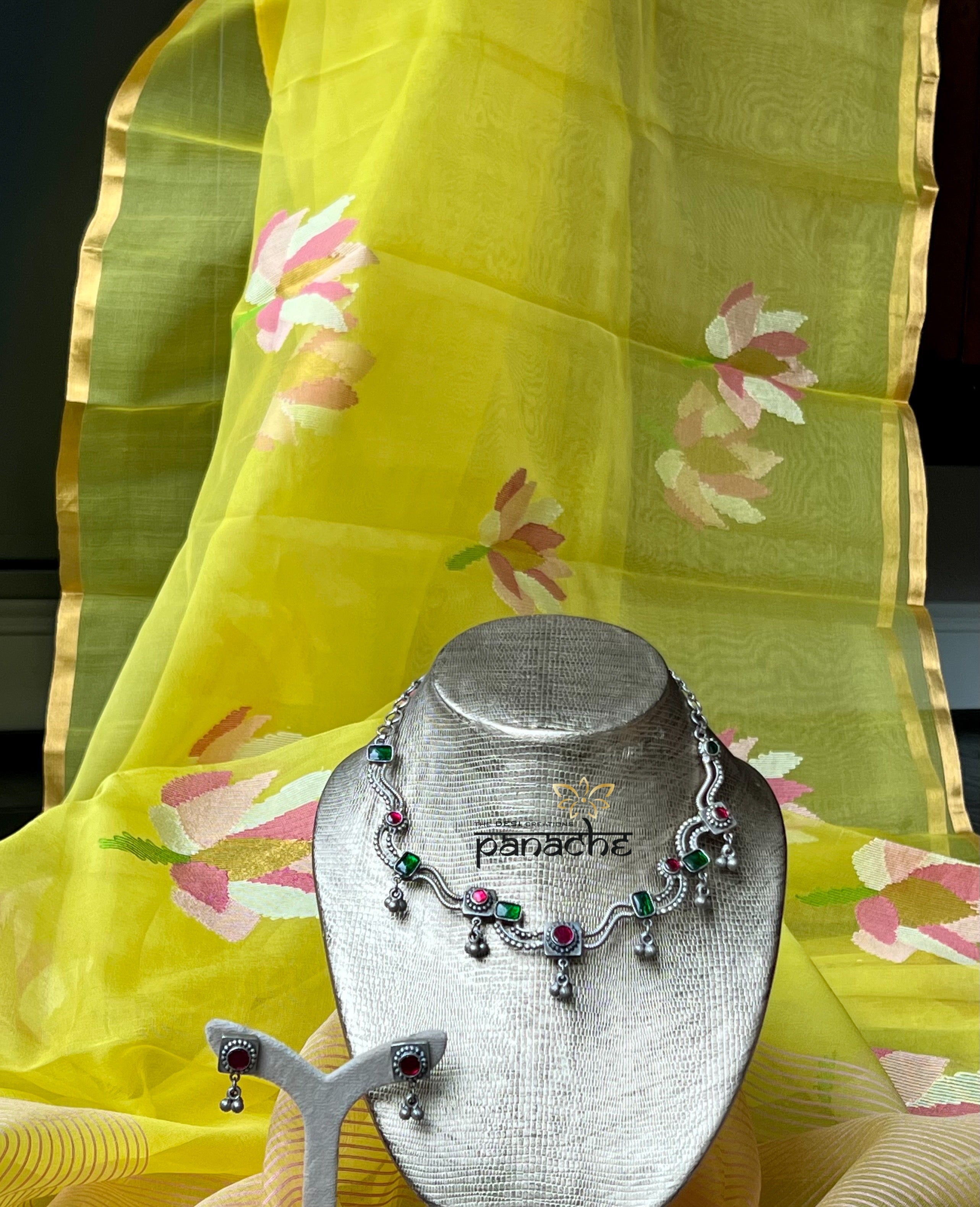 Silver 925 Necklace Earring Set - Pink Green Kundan Stone