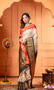 Pure Silk Gadwal - Tan Red Black Ganga Yamuna