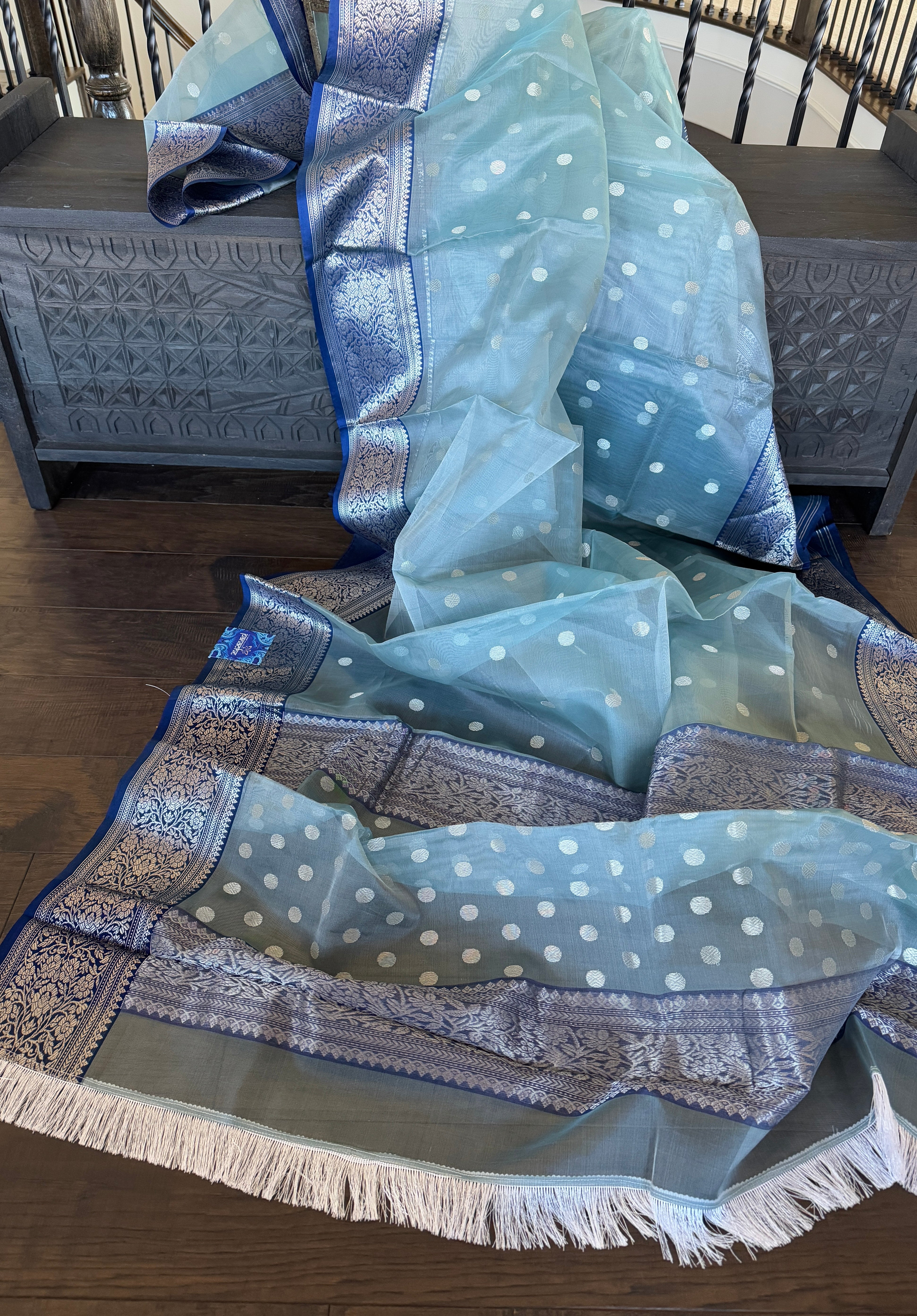 Chanderi Organza Silk - Light Aqua grey Blue