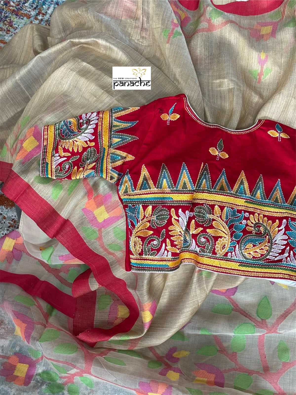 Designer Blouse - Red Kantha Stitch