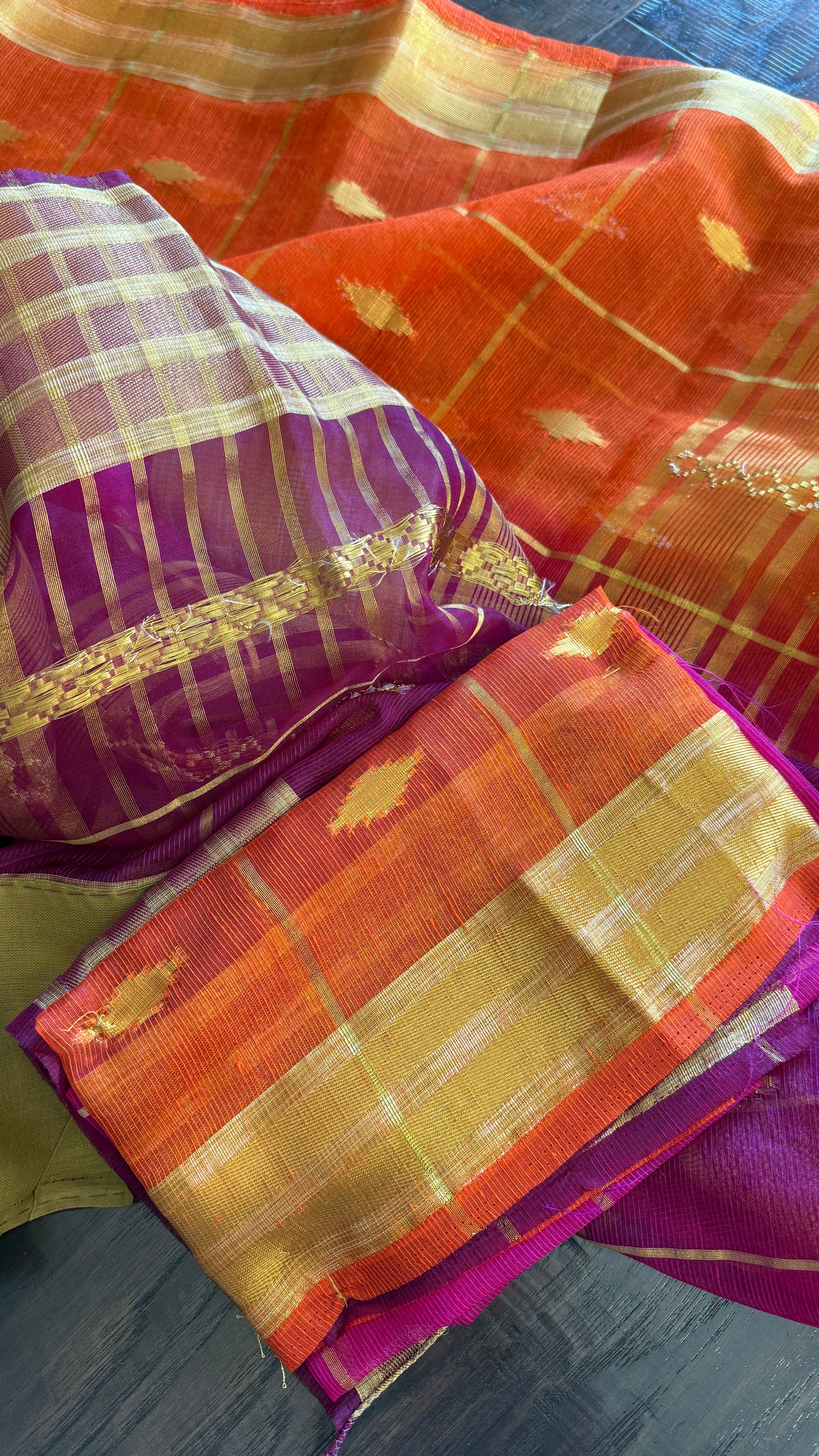 Soft Dupion Cotton Saree - Orange Magenta Purple