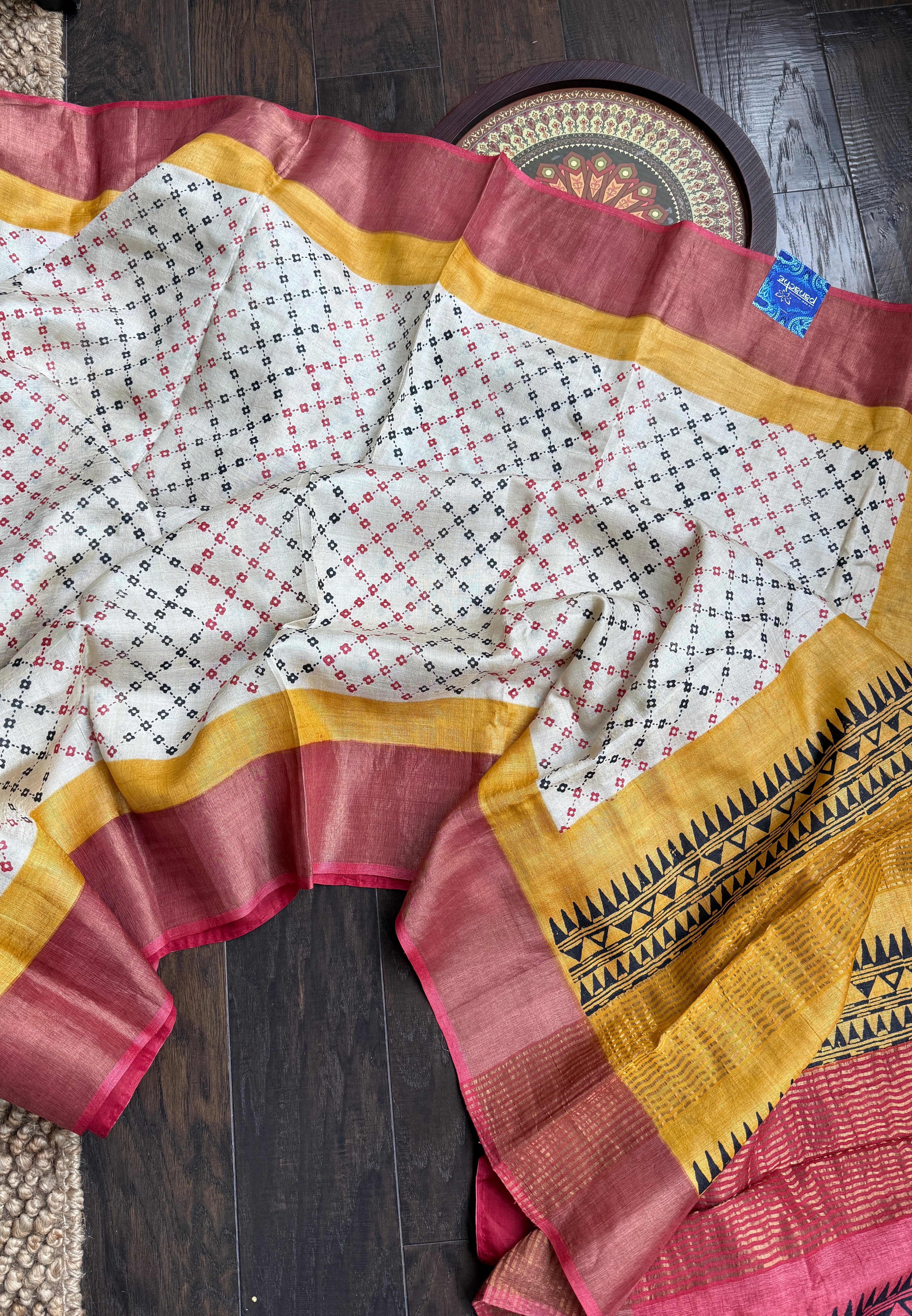 Pure Tussar Silk - Beige Red Black Yellow