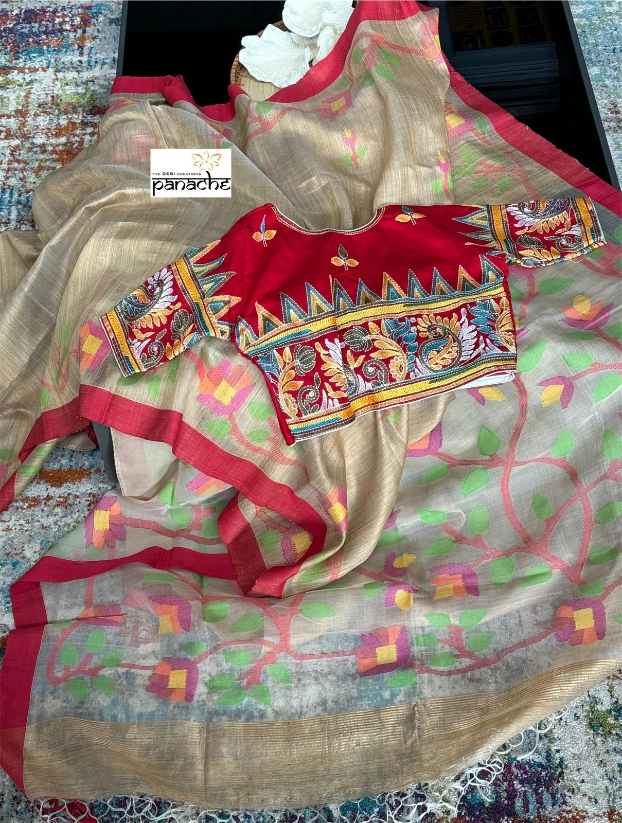 Designer Blouse - Red Kantha Stitch