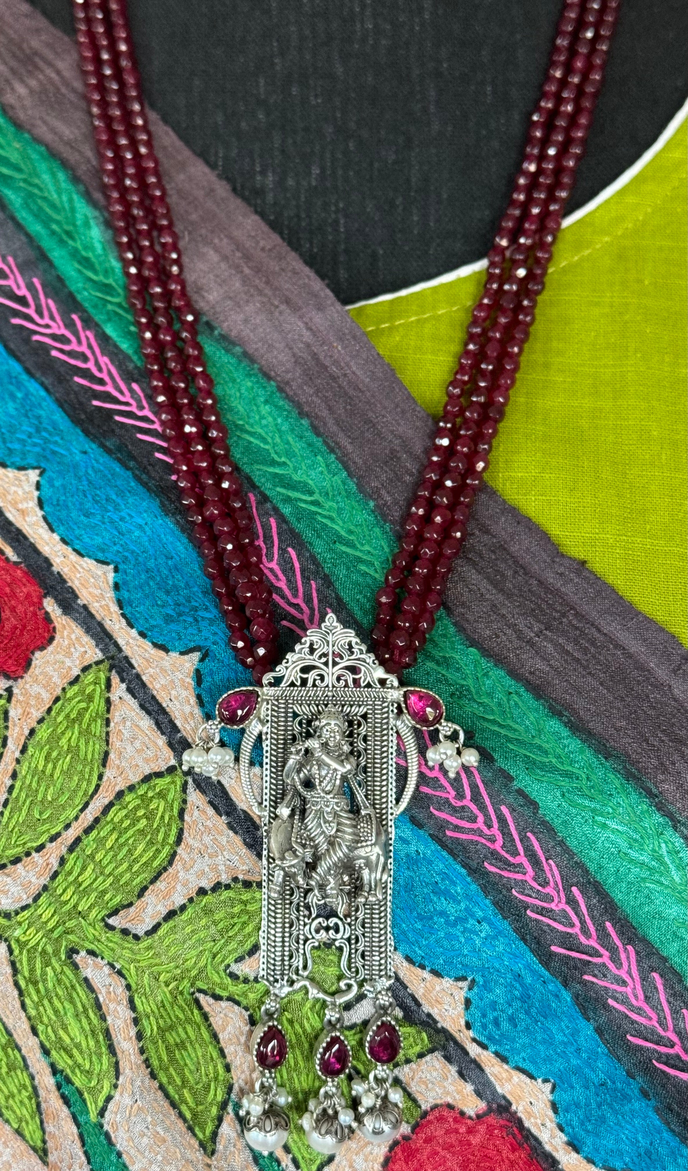 Silver Beaded Necklace - Krishna Pendant