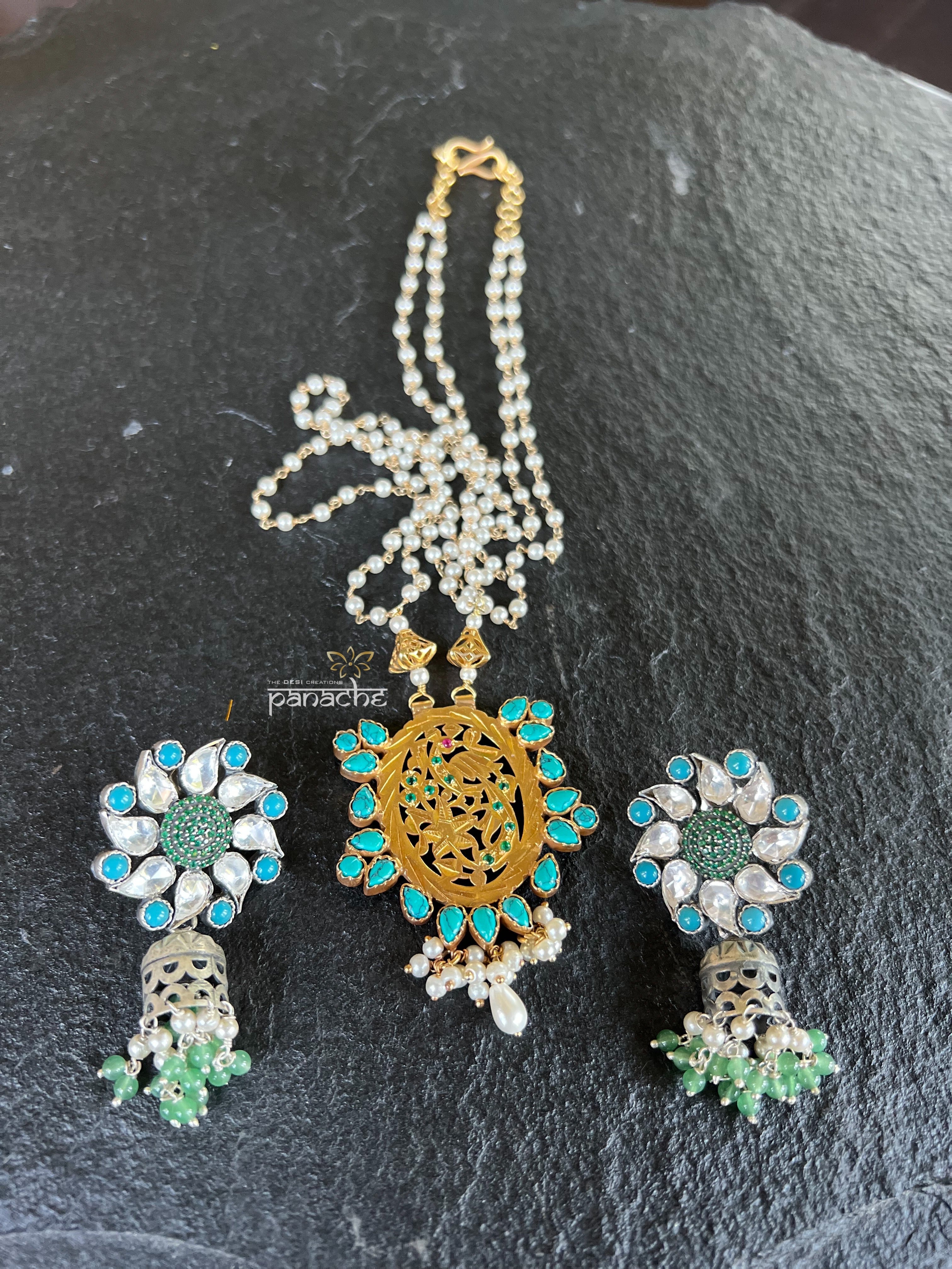 Silver Beaded Necklace - Odissa pendent Turquoise Pearl