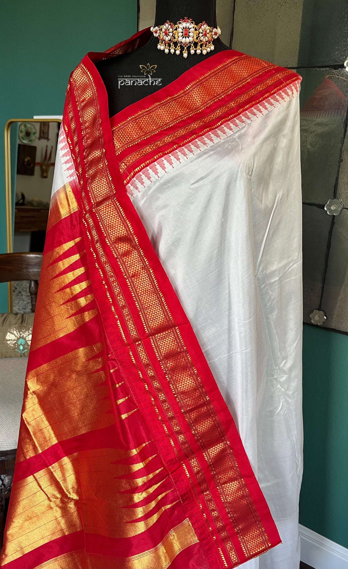 Irkal Silk - White Red Golden