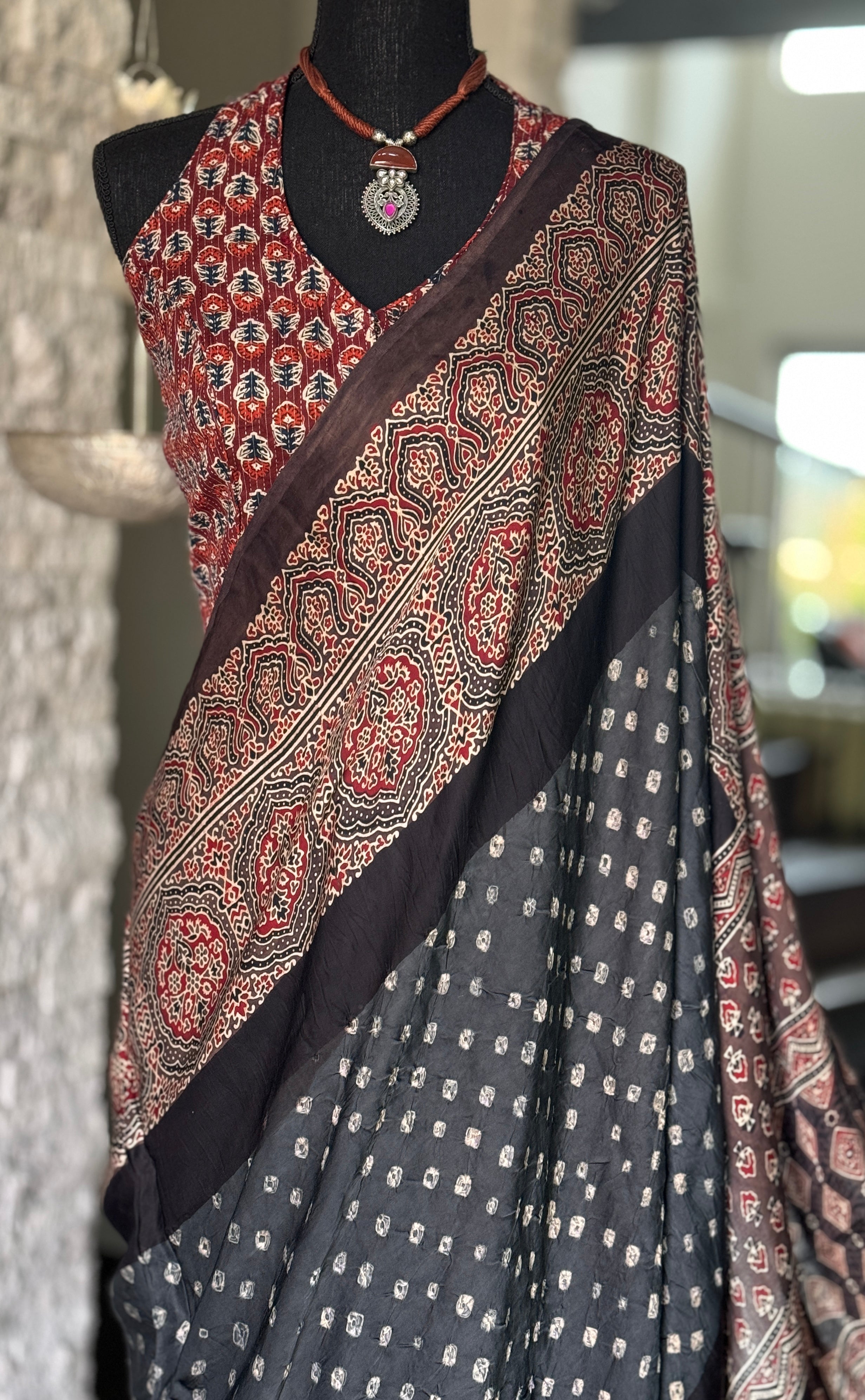 Modal Silk Bandhej Ajrakh - Grey Brown