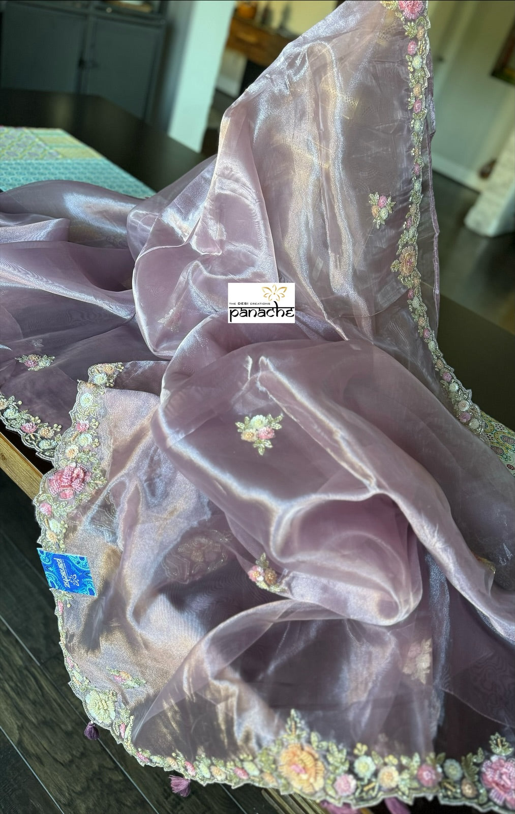 Designer Tissue Organza Hand Embroidered - Mauve Multi Color