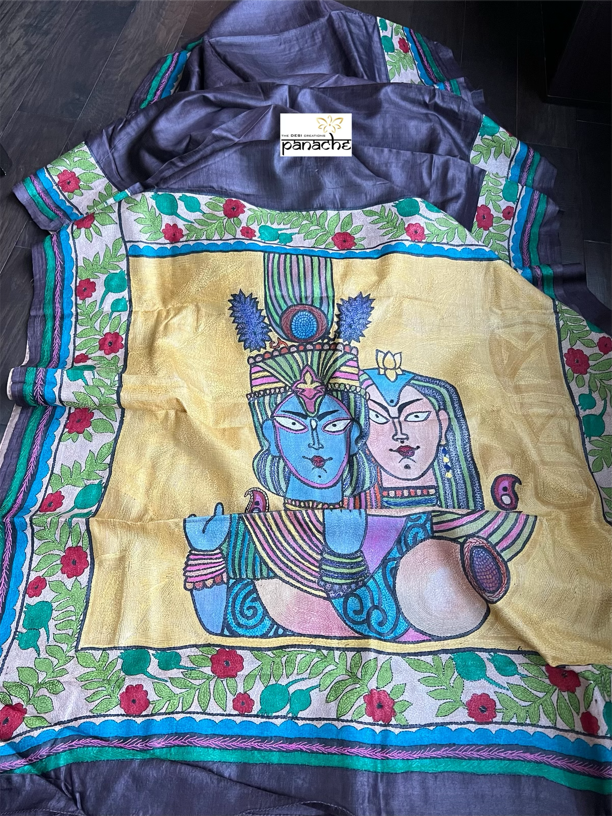 Pure Tussar Silk Sujni Kantha Stitch - Eggplant color Radha-Krishna