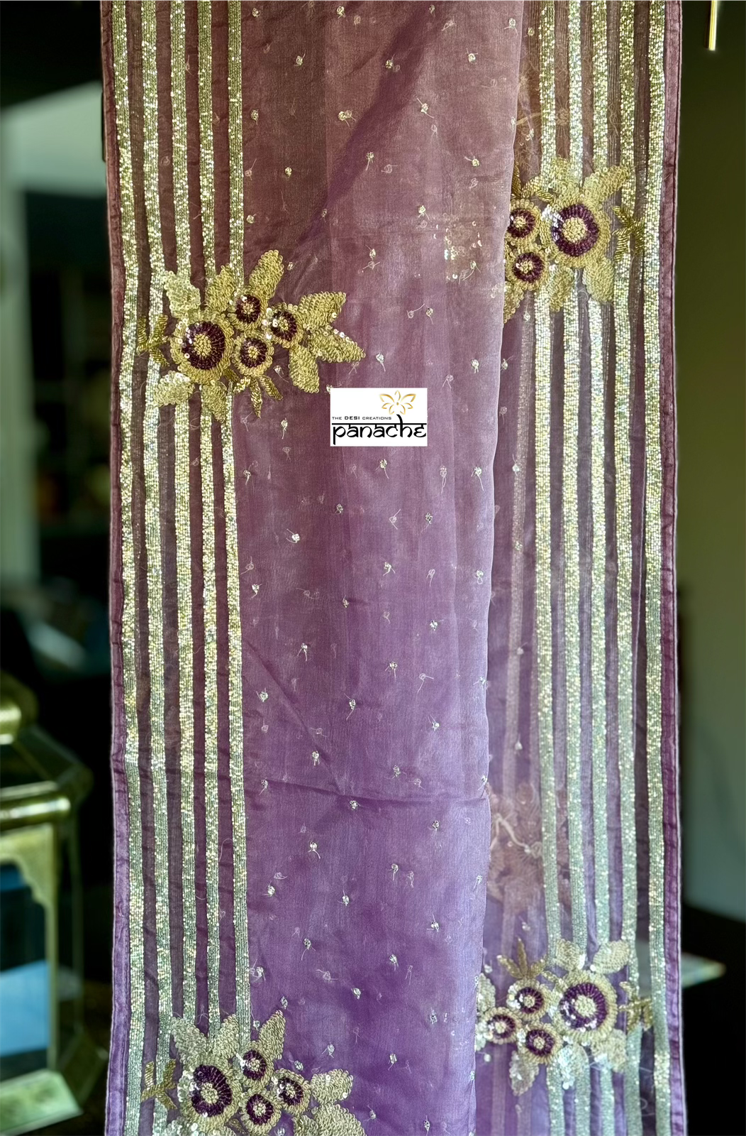 Designer Organza Hand Embroidered - Mauve Multi Color
