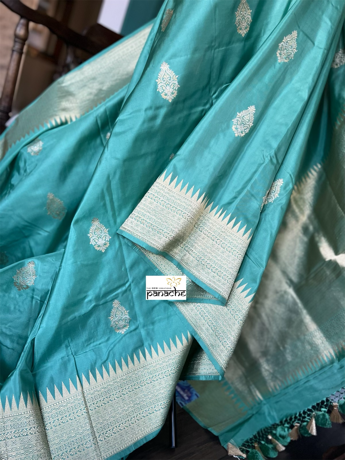 Pure Katan Silk Banarasi - Aqua Sea Green Antique Zari