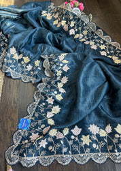 Designer Crushed Tissue Silk - Teal Blue Pitta Embroidered