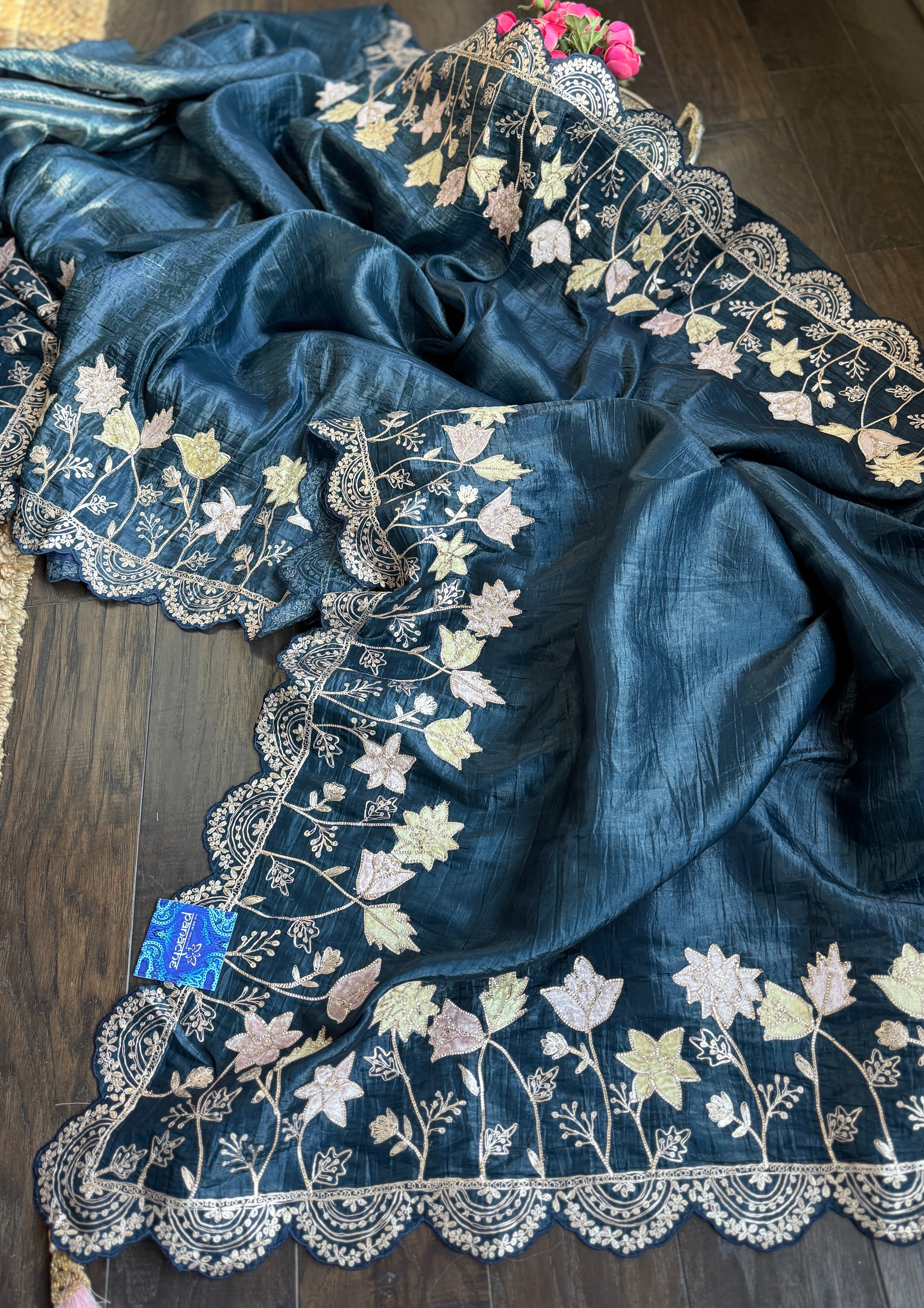 Designer Crushed Tissue Silk - Teal Blue Pitta Embroidered