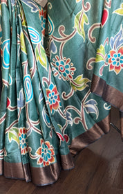 Pen Kalamkari Tussar Silk - Teal Hand-painted