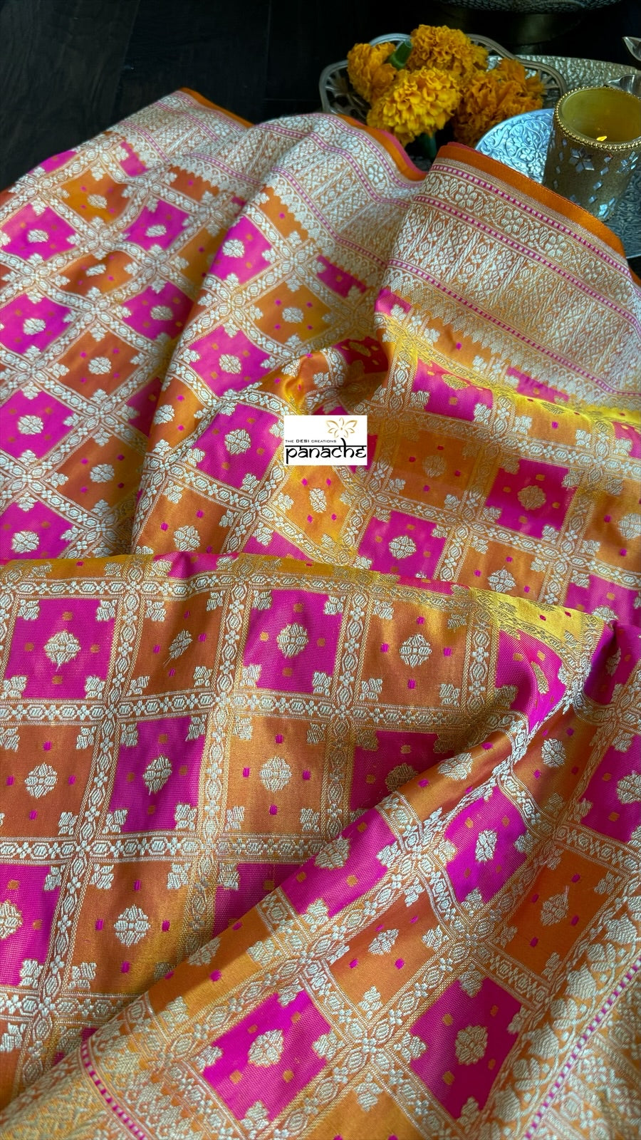 Soft Silk Banarasi - Mustard Yellow Pink Golden Zari