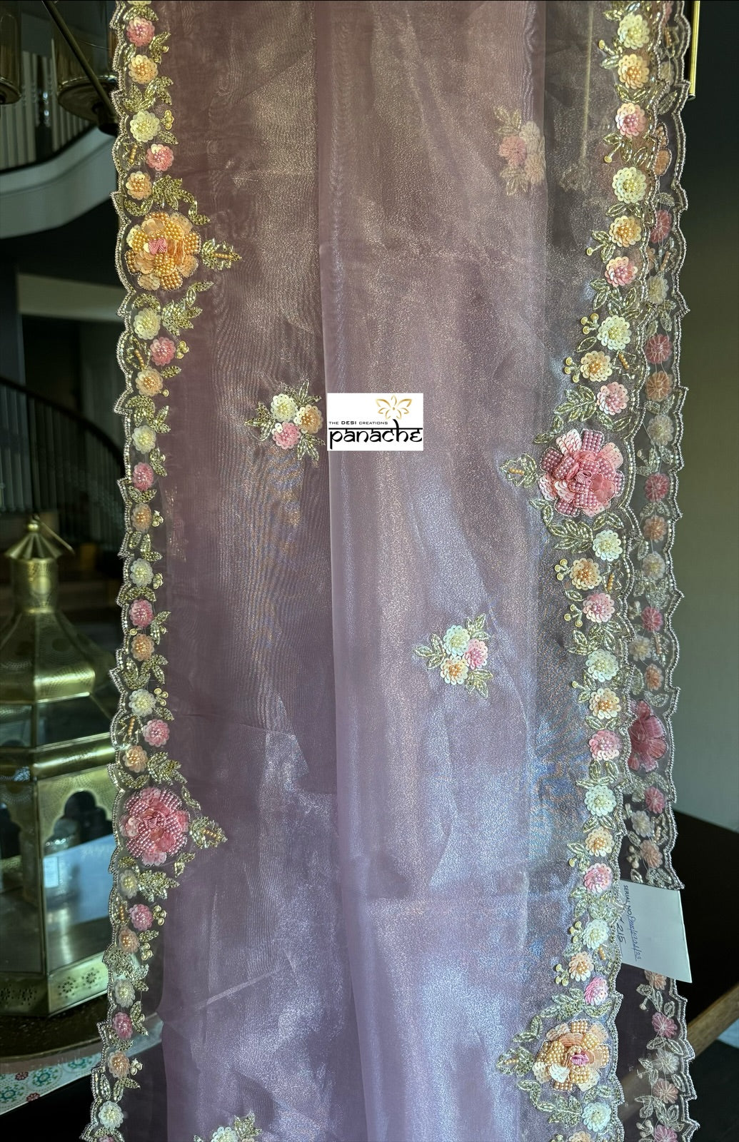 Designer Tissue Organza Hand Embroidered - Mauve Multi Color