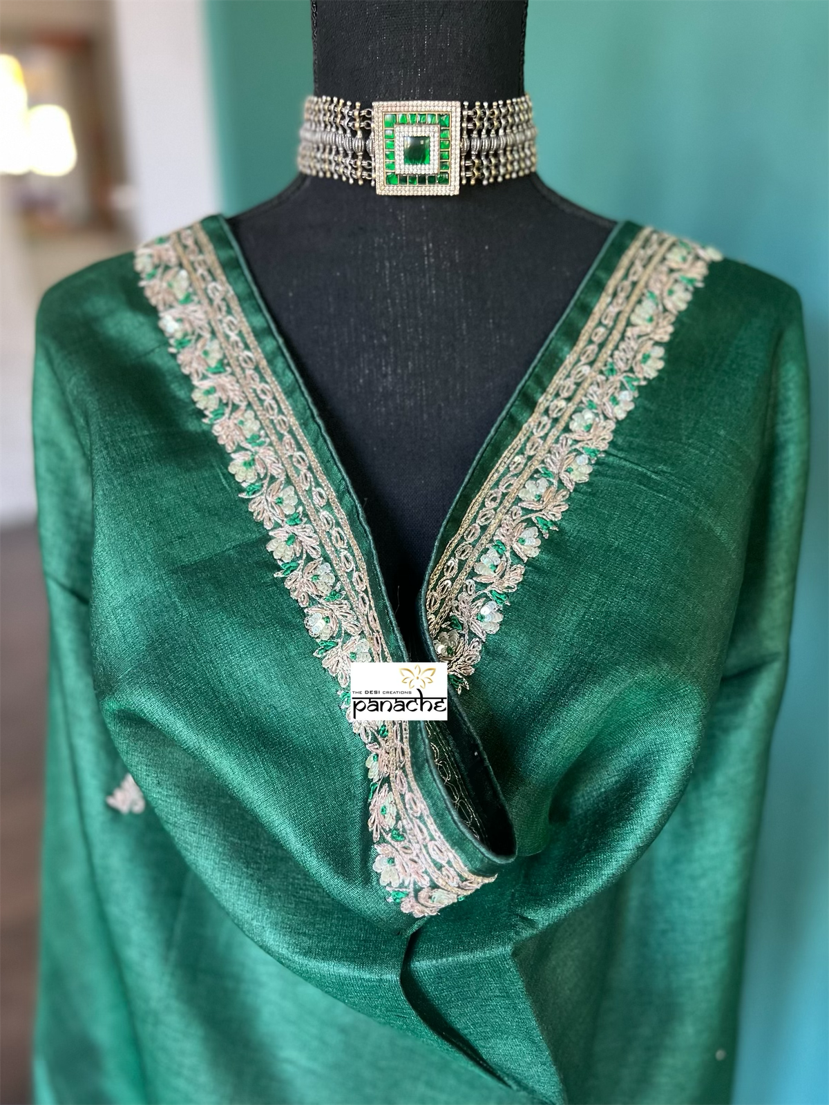 Designer Tussar Silk - Green Hand Embroidered