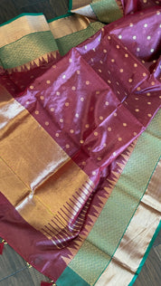 Pure Chanderi Silk - Brown Plum Green Golden Silver Zari Woven