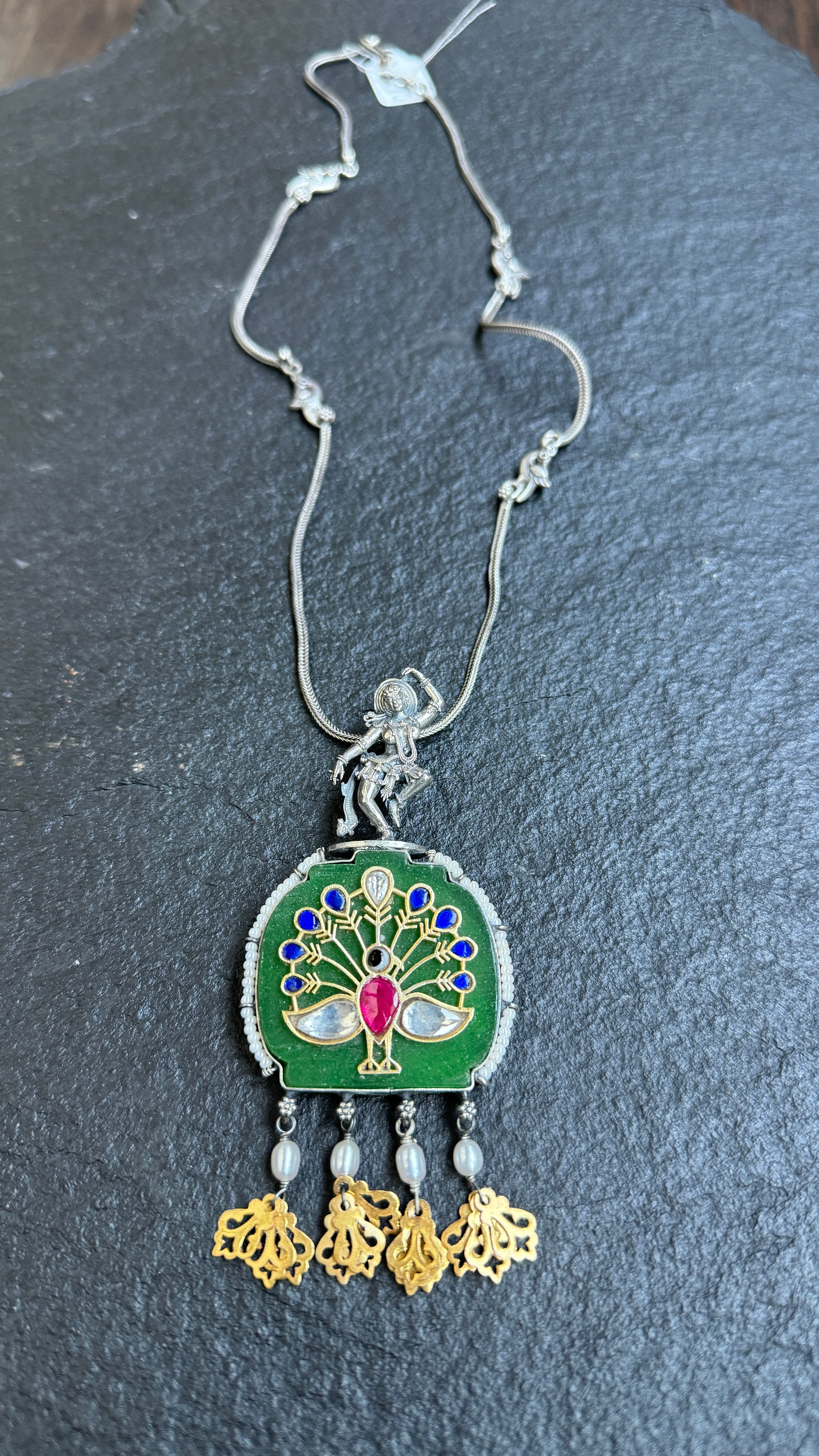 Fusion Silver Pendent Chain - Green Jade