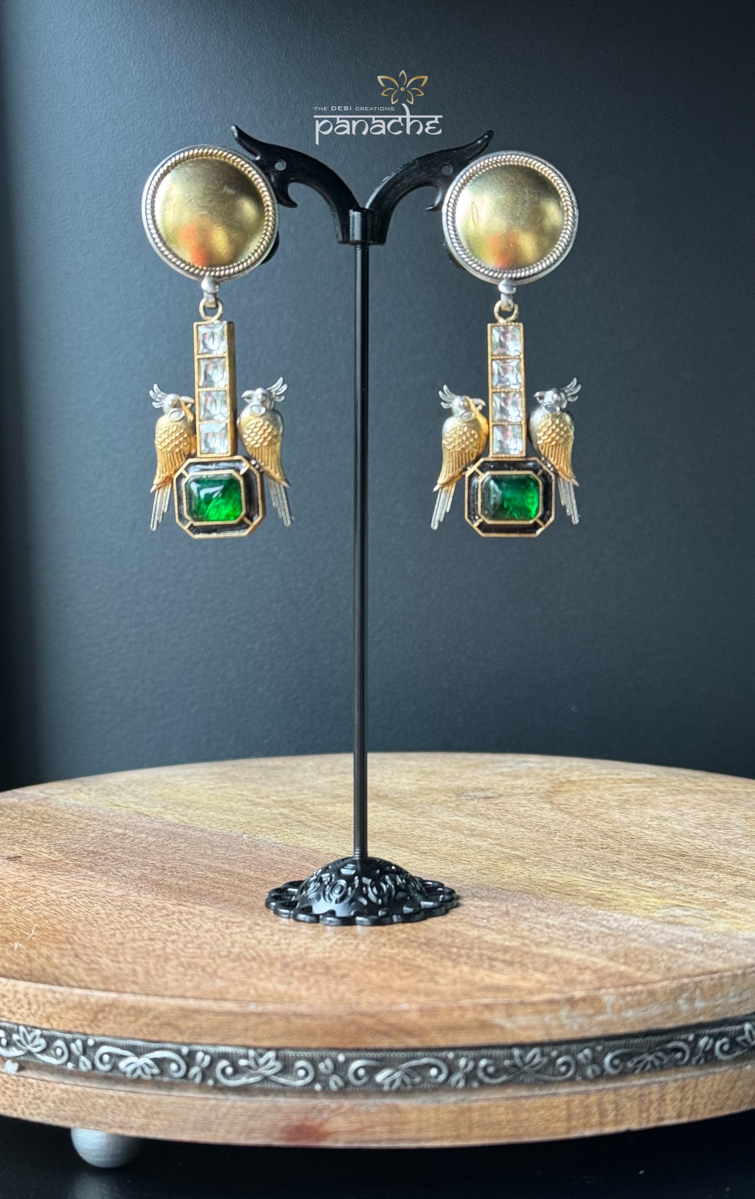 Earring 925 Silver- Green Kundan Bird