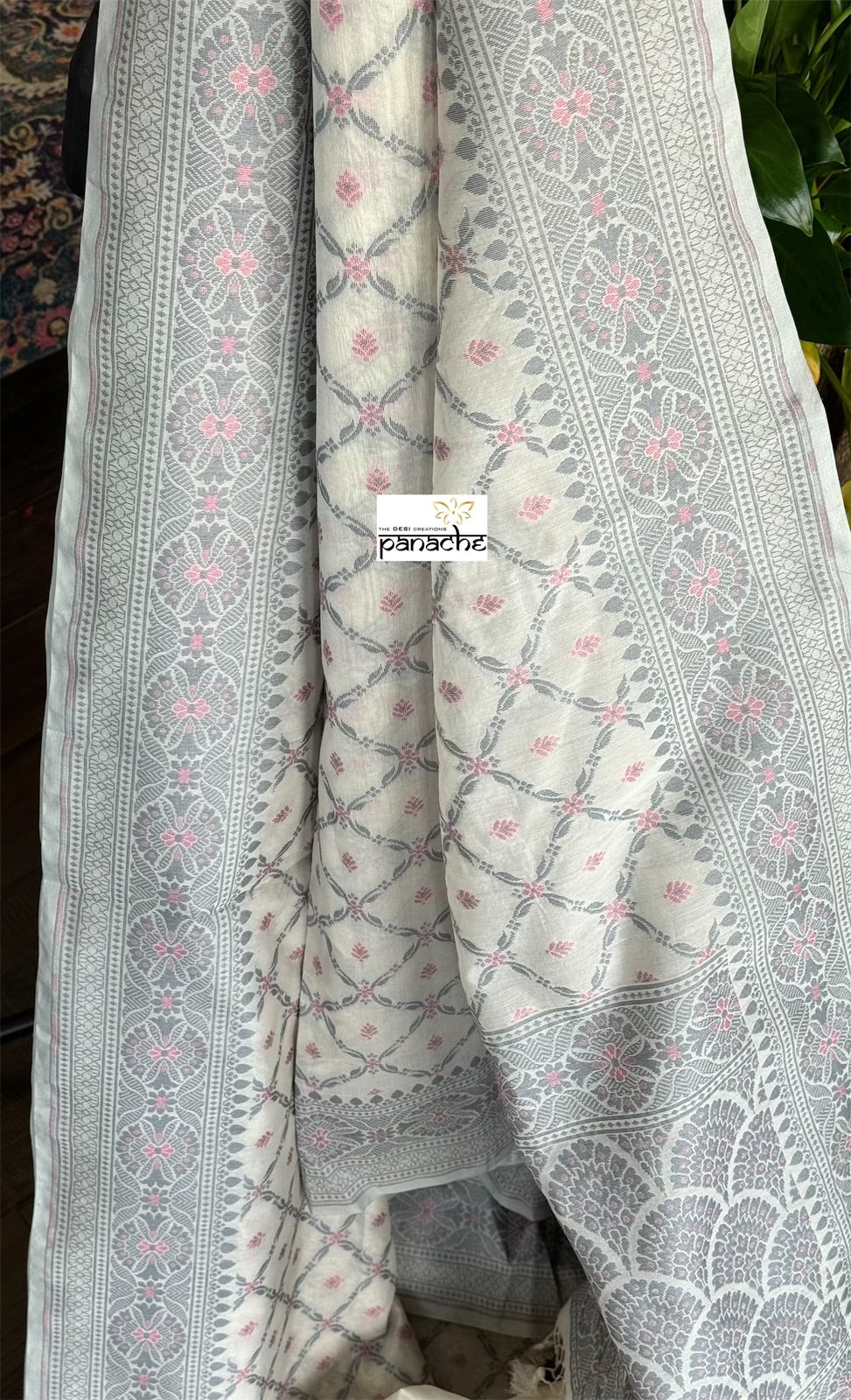 Kora Cotton Banarasi - Off White Grey Pink