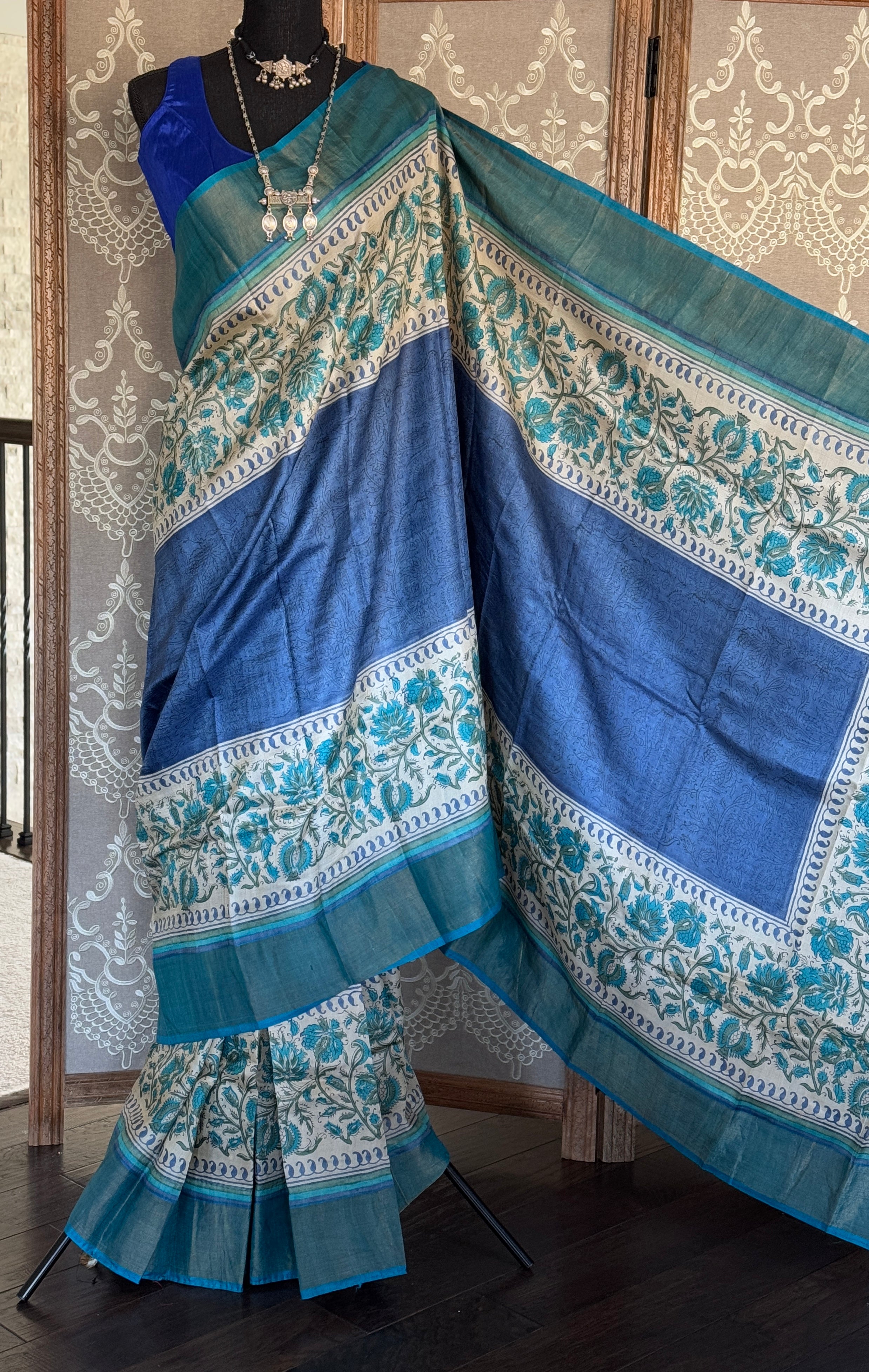 Pure Tussar Silk - Indigo Blue Hand Block Printed