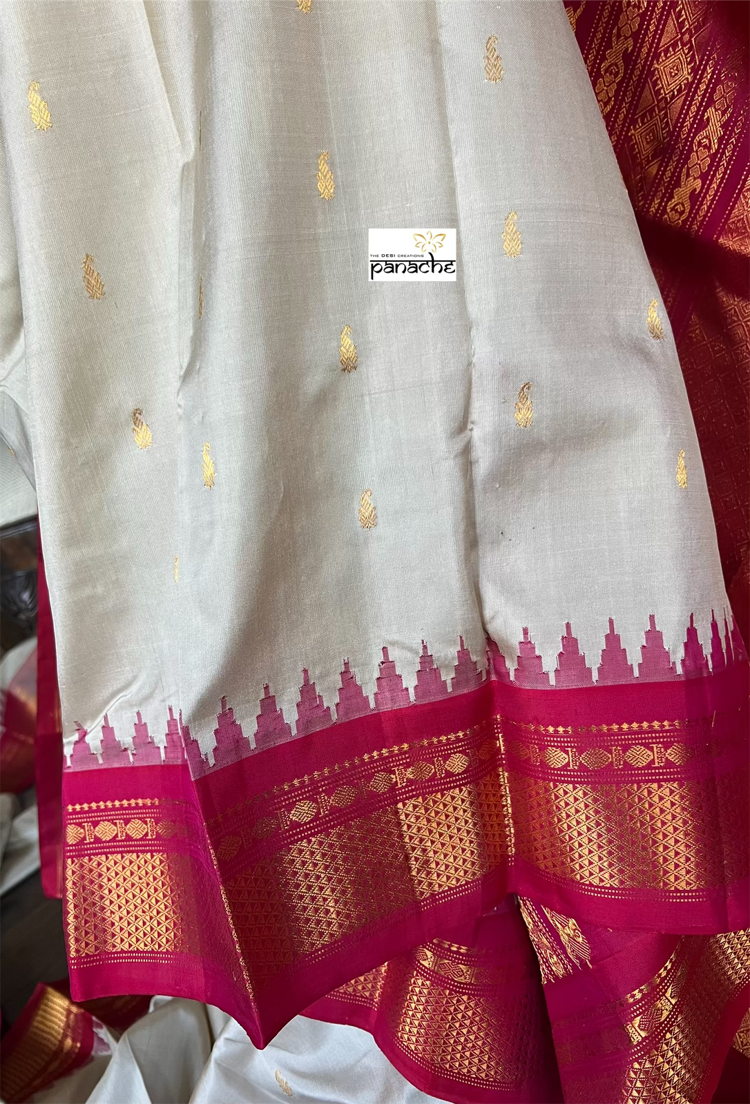 Pure Silk Gadwal - Grey Beige Raspberry Pink