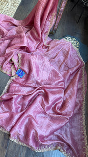 Designer Crushed Tissue Silk - Onion Pink Embroidered