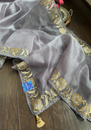 Designer Tissue Organza Embroidered - Silver Grey