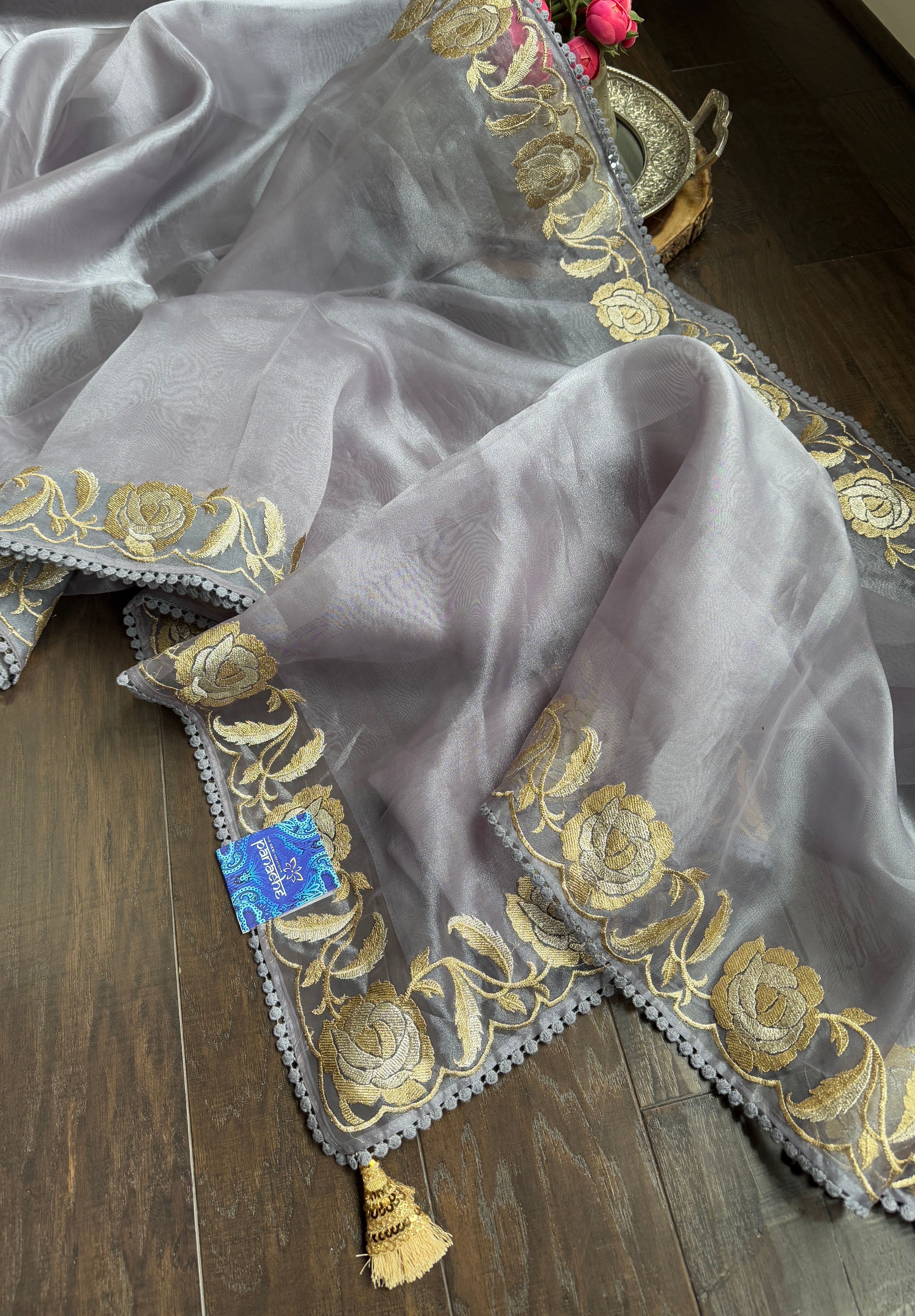 Designer Tissue Organza Embroidered - Silver Grey