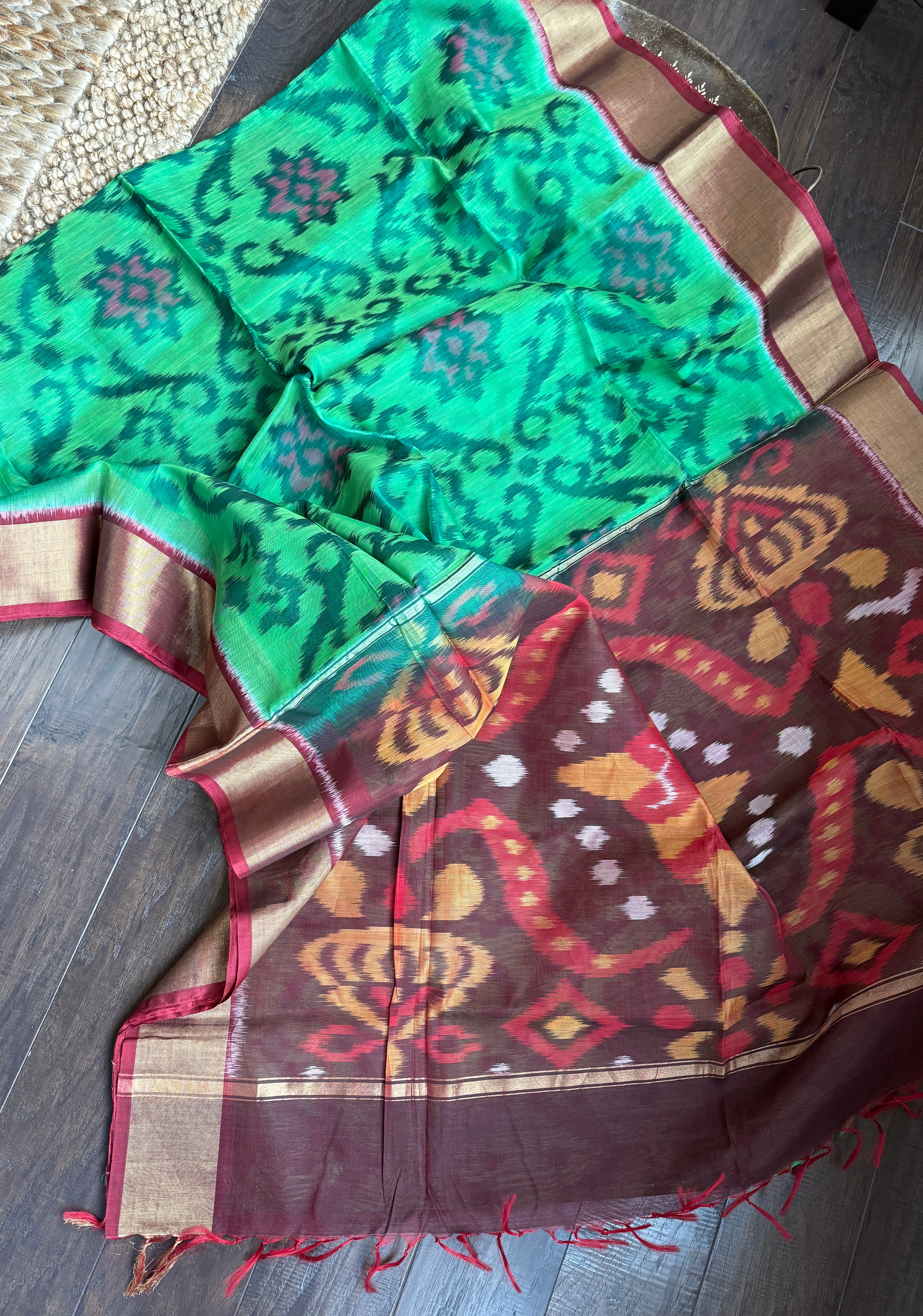 Pure Cotton Silk Ikat - Green Burgundy
