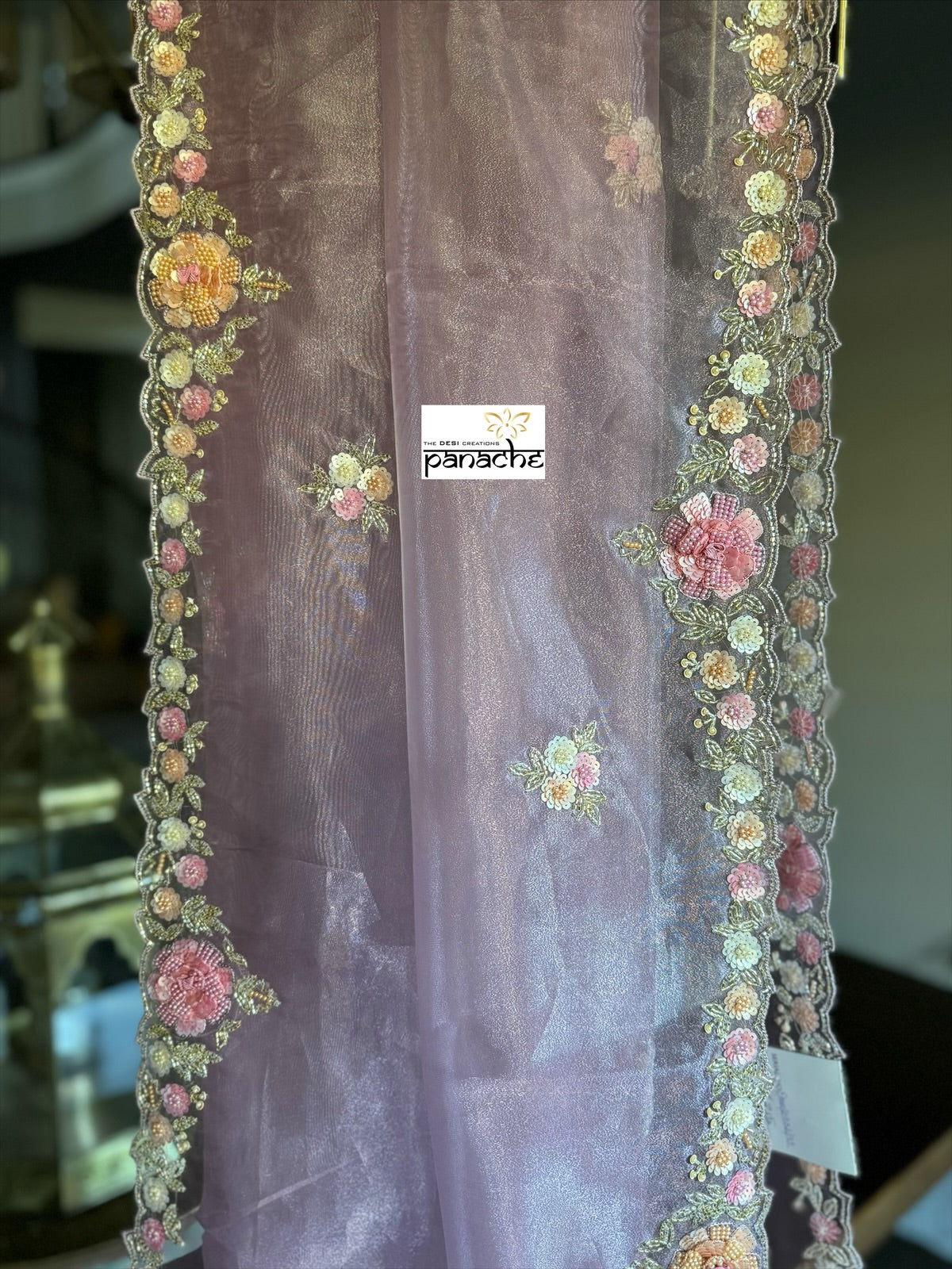 Designer Tissue Organza Hand Embroidered - Mauve Multi Color