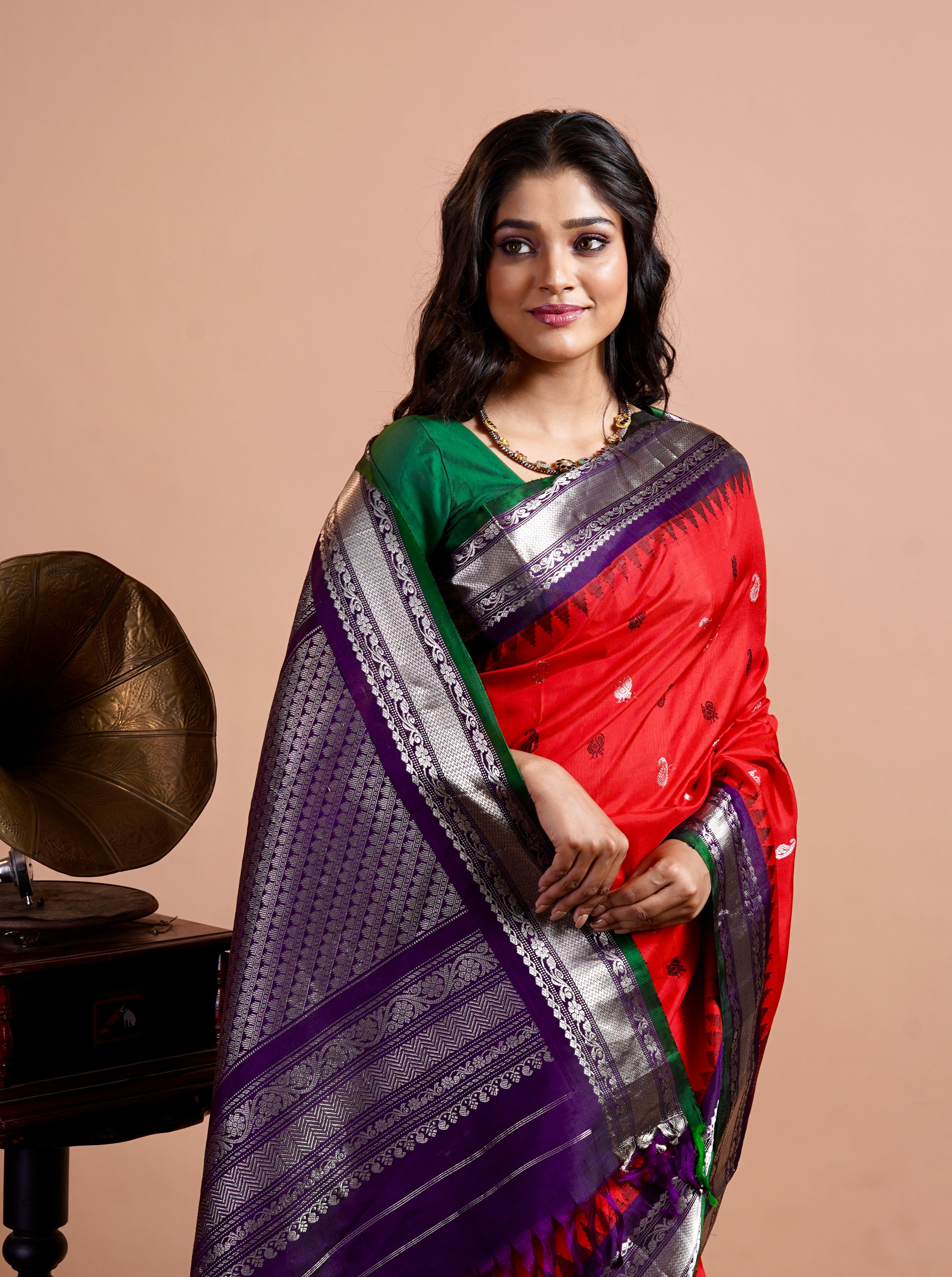 Pure Silk Gadwal - Red Blue