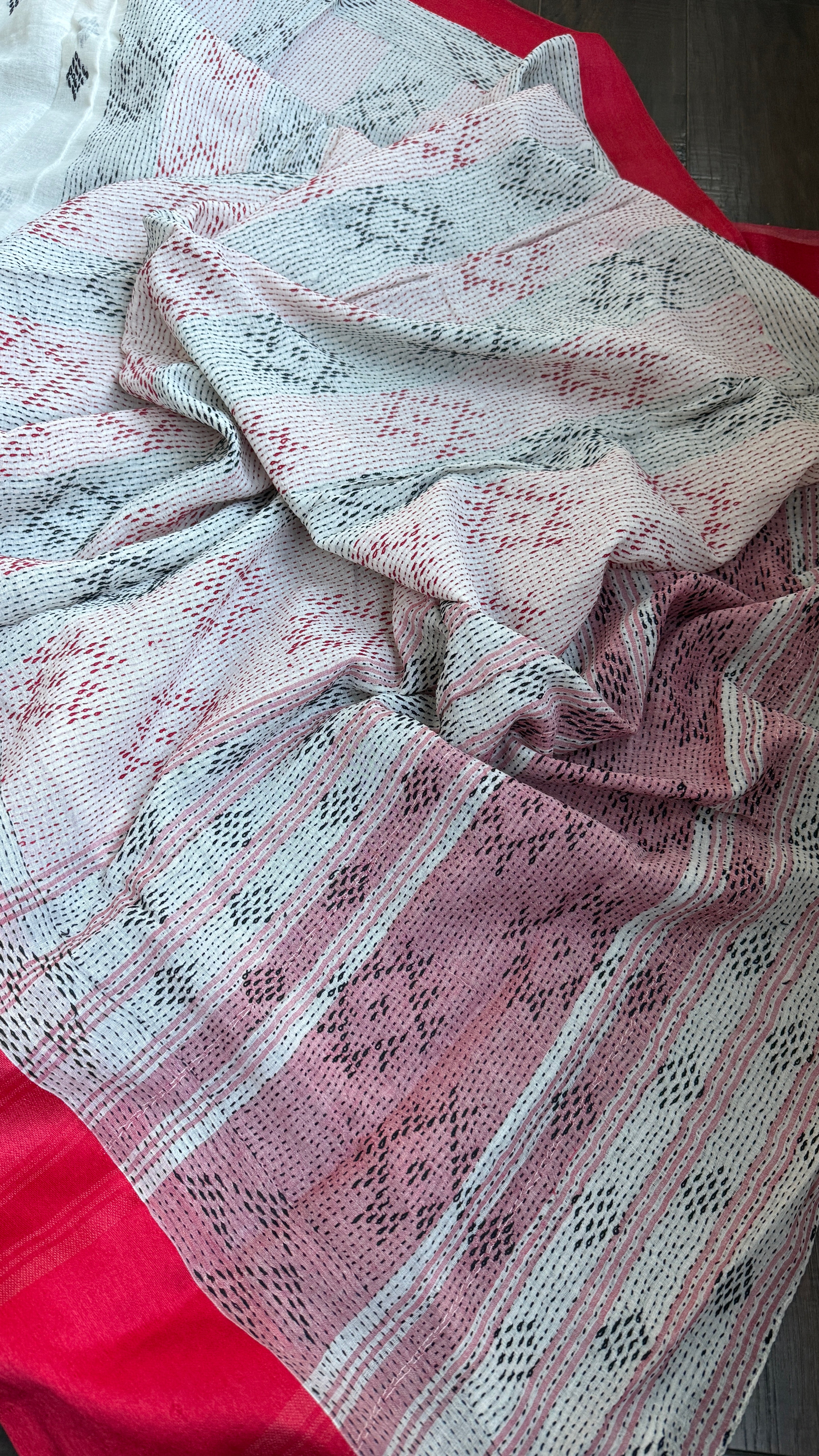 Pure Khadi Cotton Hand Kantha - White Red