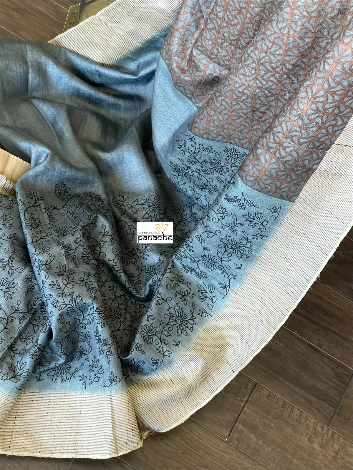 Pure Tussar Silk - Grey Brown embroidered Digital Printed