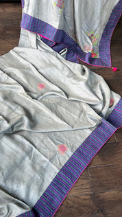 Designer Tussar Silk Embroidered - Grey Purple Green Masaba Inspired