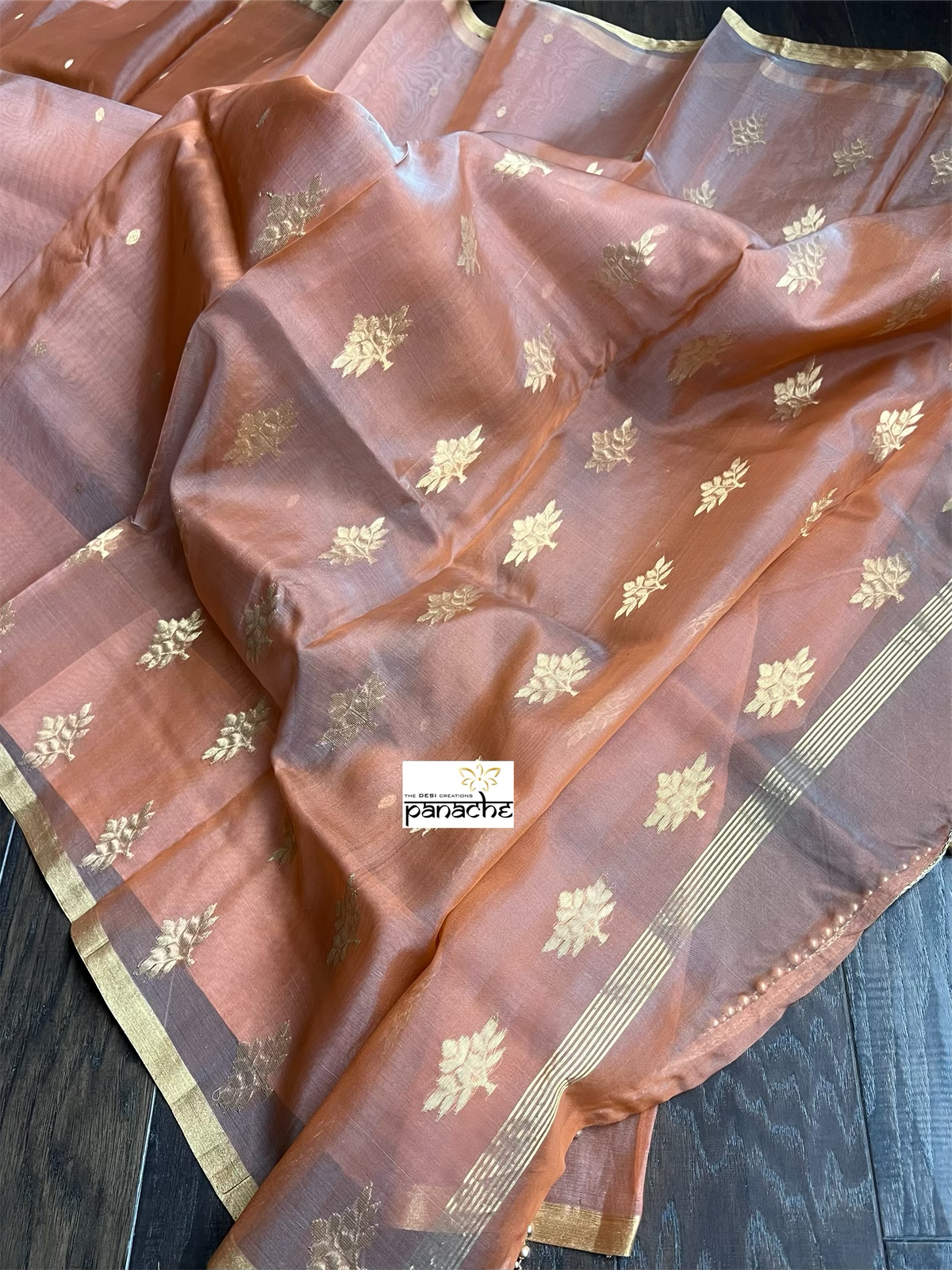 Chanderi Organza Silk - Peach Orangw Zari Woven