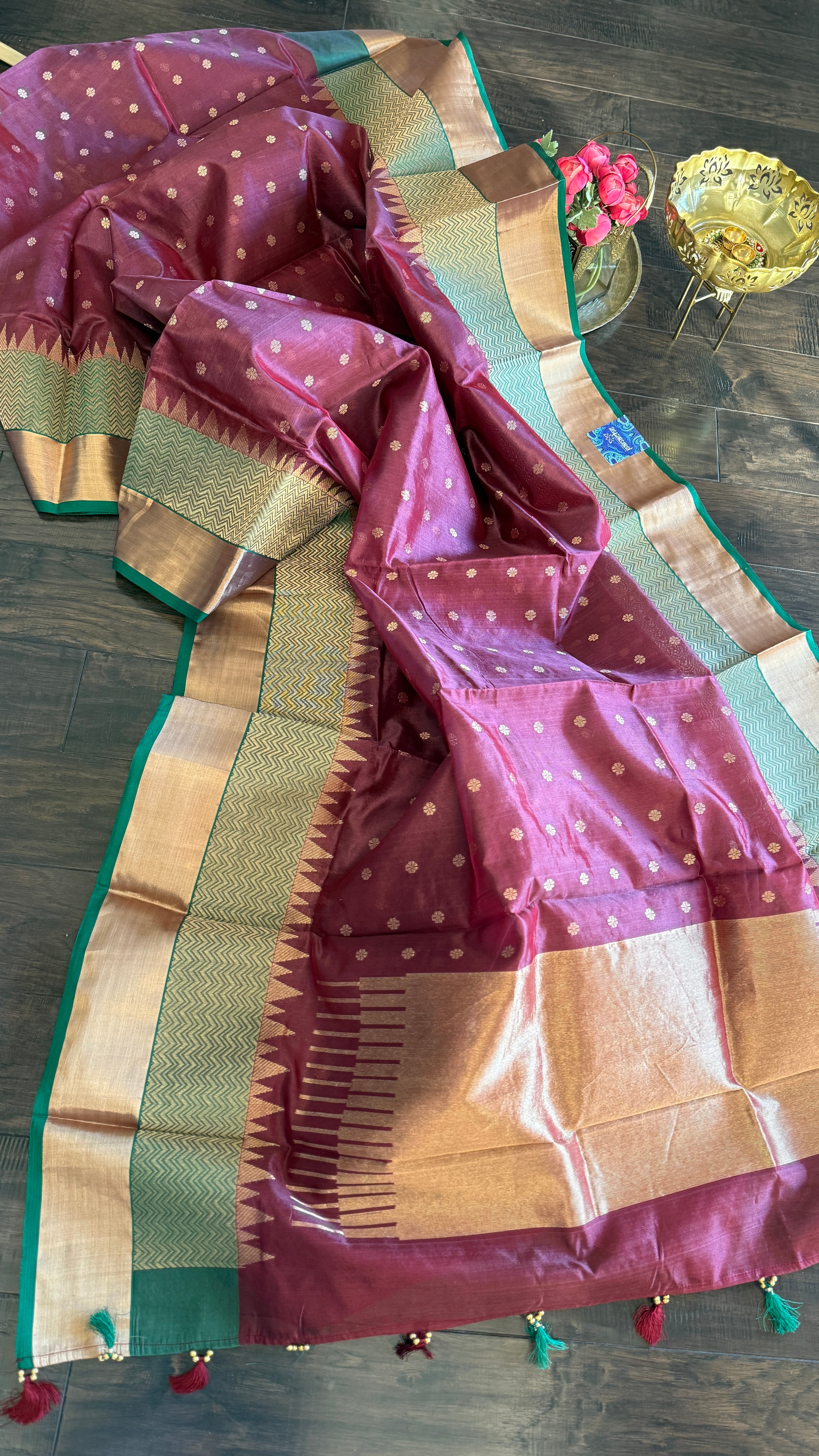 Pure Chanderi Silk - Brown Plum Green Golden Silver Zari Woven