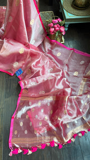 Tissue Organza Silk Banarasi - Pink Metallic Meenakari