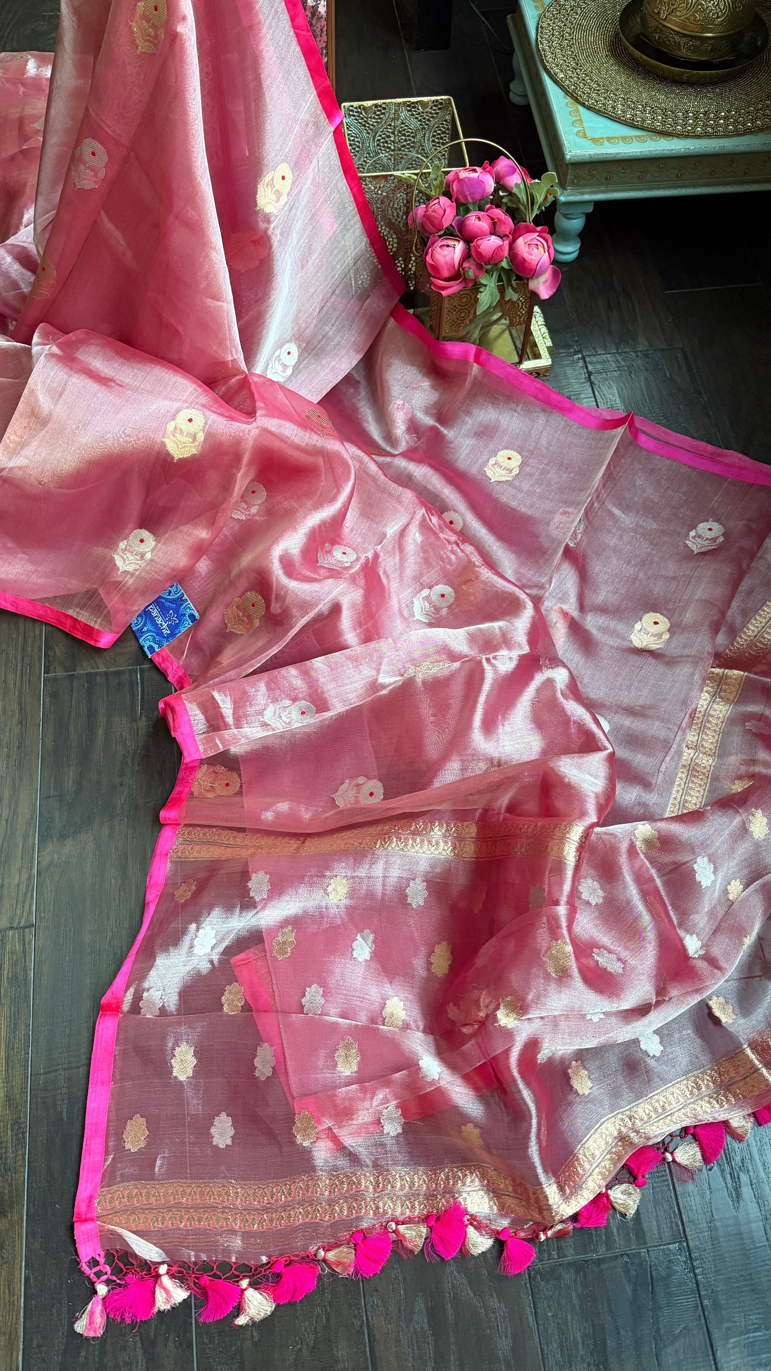 Tissue Organza Silk Banarasi - Pink Metallic Meenakari