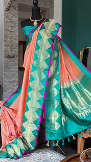 Pure Silk Katan Banarasi - Yellow Sea Green Checkered