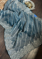 Designer Crushed Tissue Silk - Metallic Teal Grey