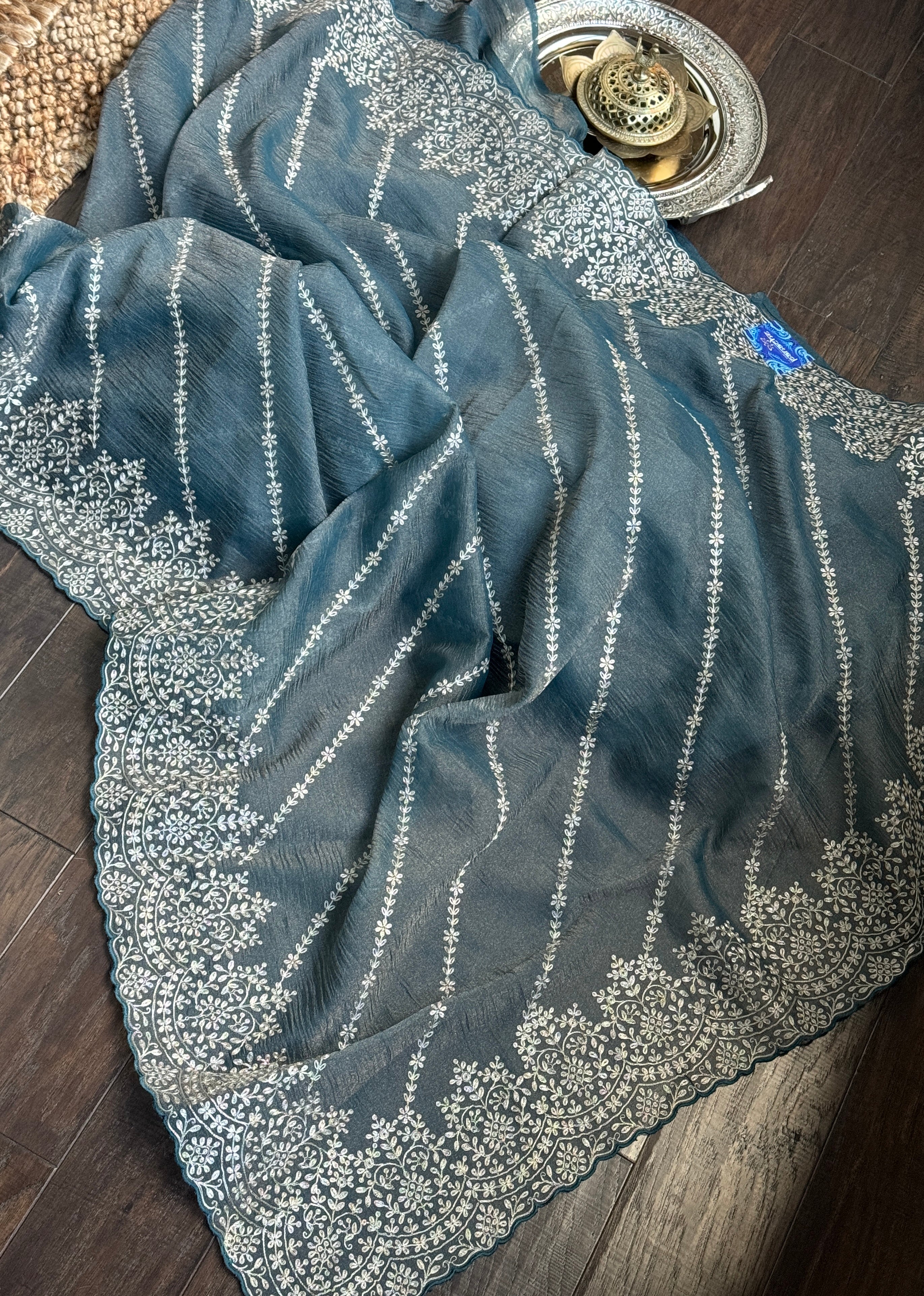 Designer Crushed Tissue Silk - Metallic Teal Grey