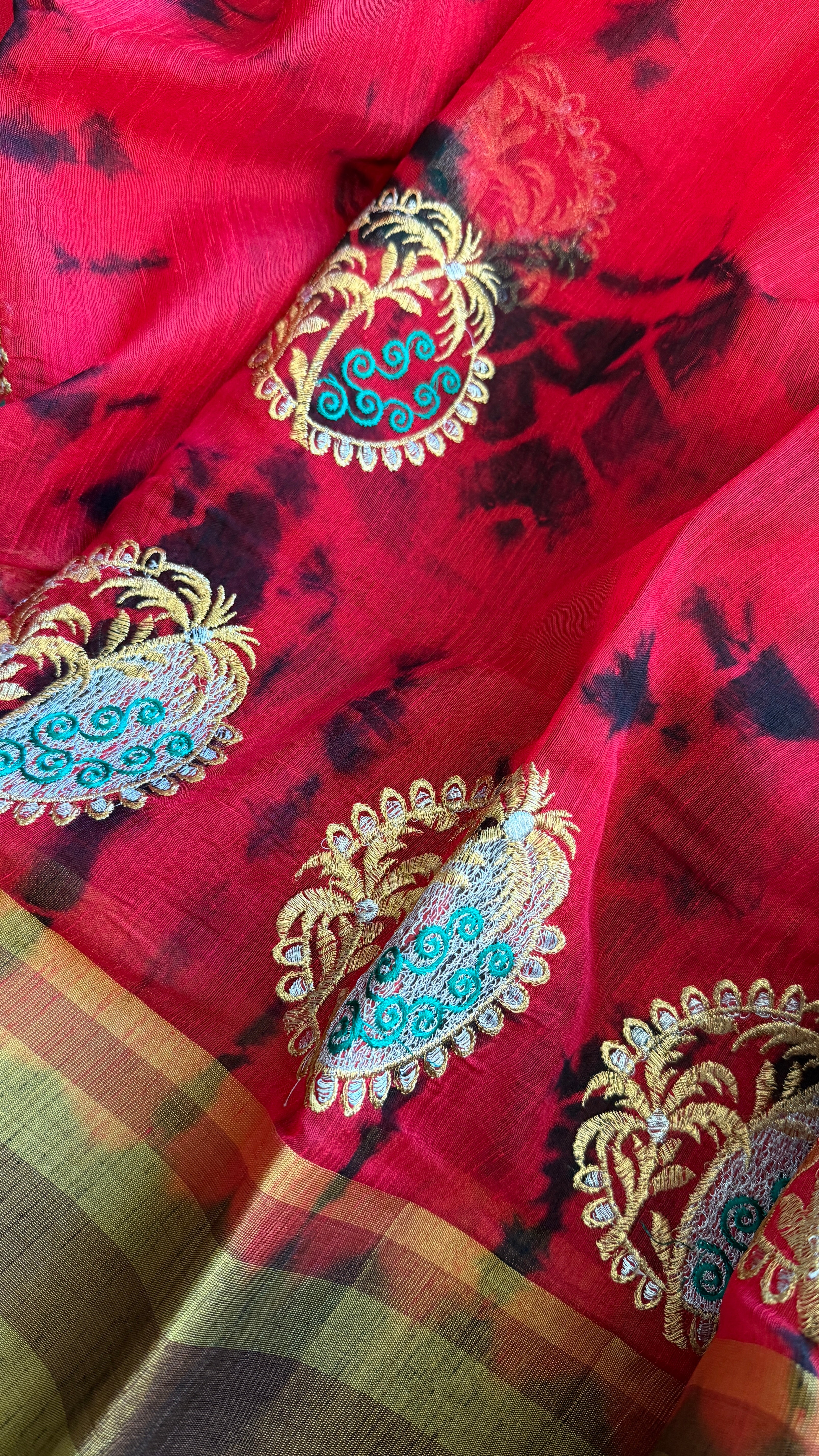 Soft Dupion Tie-Dye Saree - Red Black