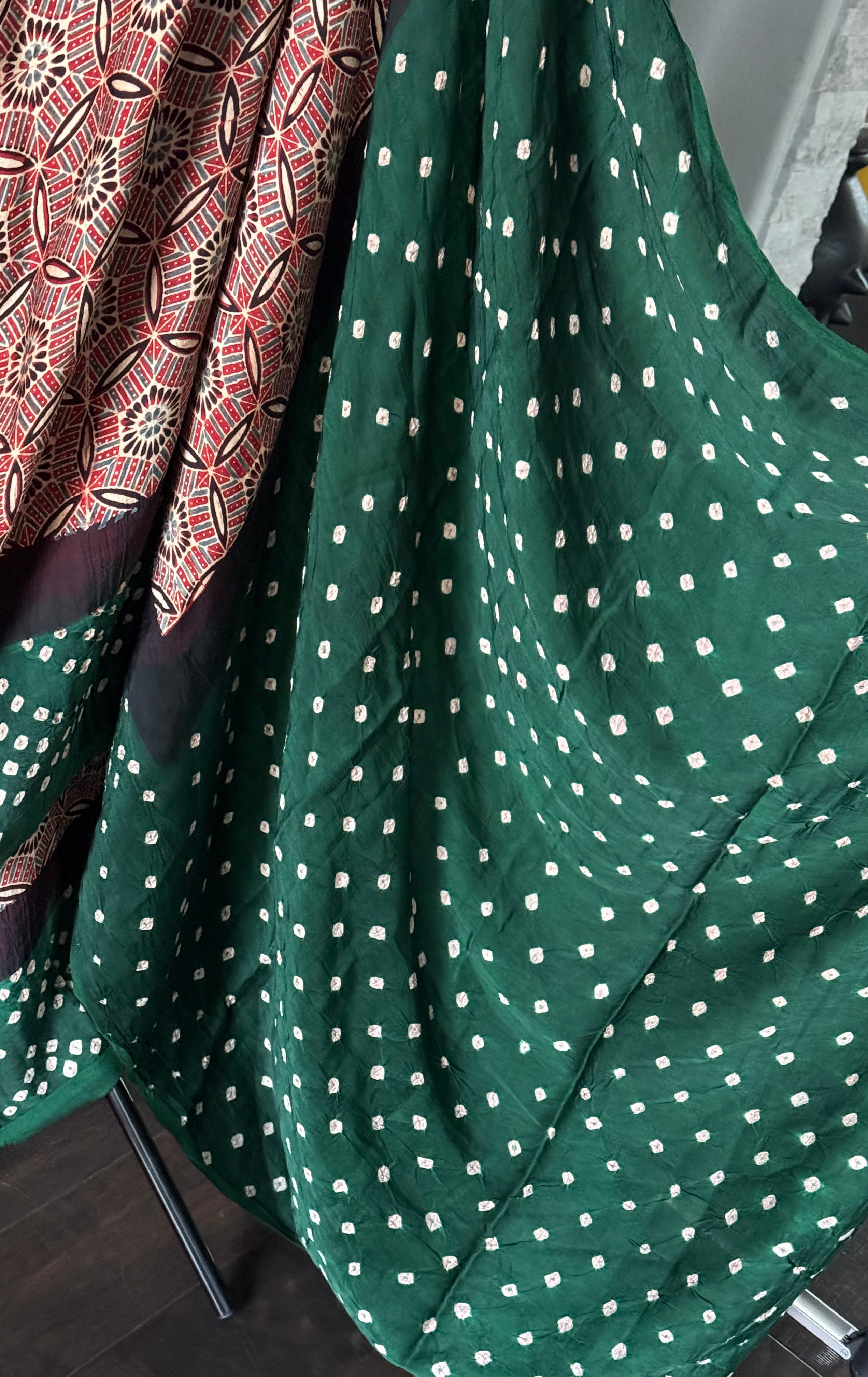 Modal Silk Ajrakh Bandhej - Maroon Green